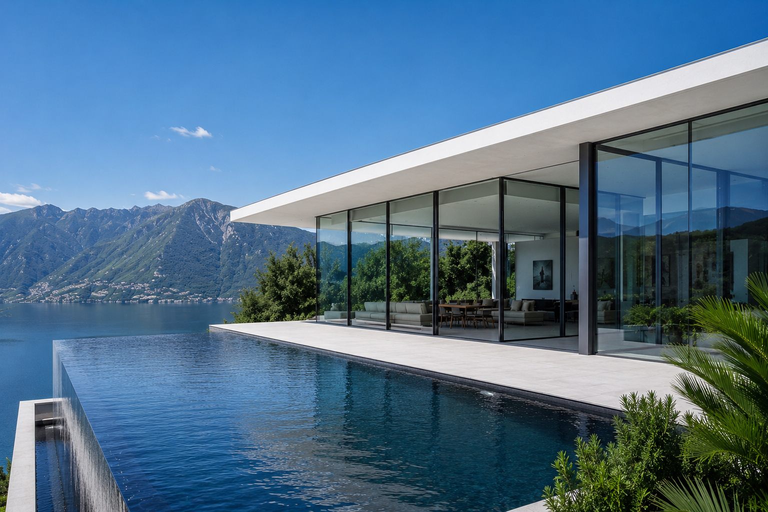 Maison contemporaine haut de gamme avec immenses baies vitrées et piscine à débordement